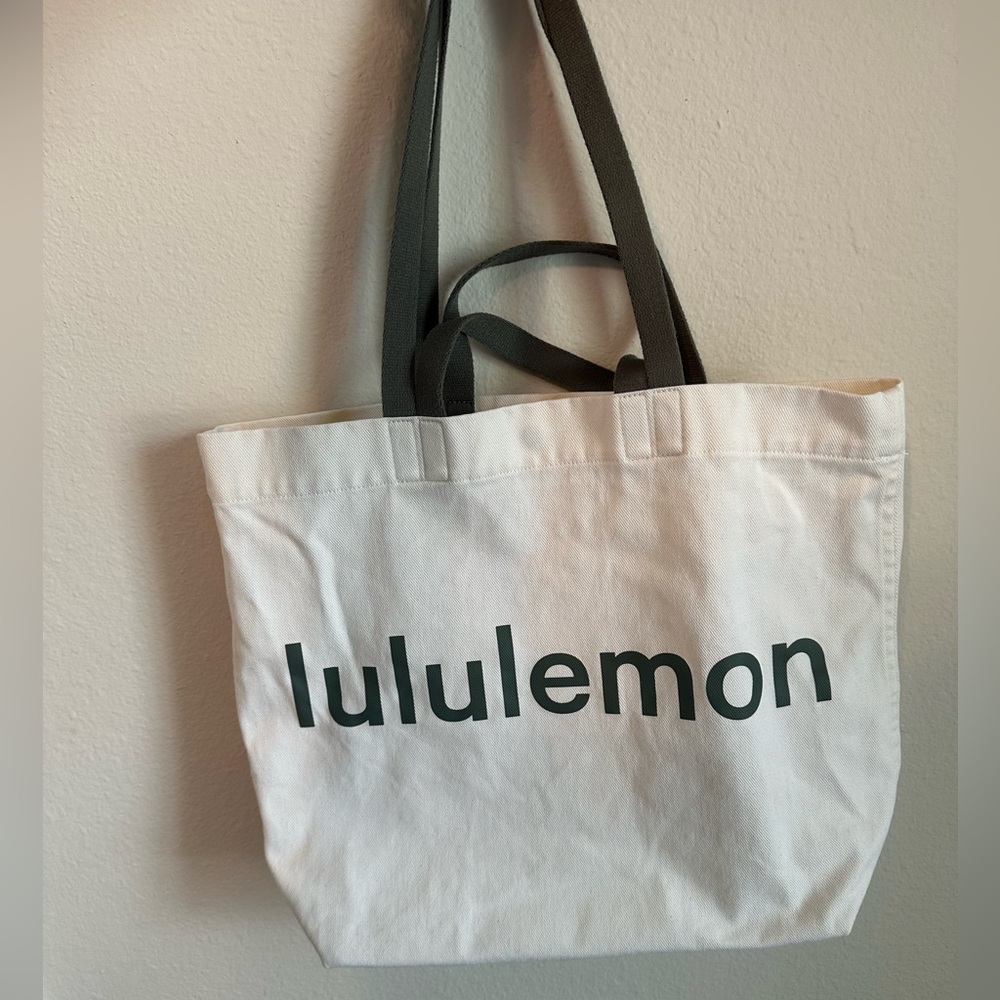 Lululemon Athletica White Canvas Tote with Olive Green Logo and Straps